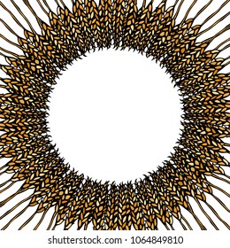 Ripe Wheat Spikelets Circle Card. Round Sun Shape Wreath of Malt with Space for Text. Farm Harvest Template. Realistic Hand Drawn Illustration. Savoyar Doodle Style.
