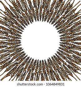 Ripe Wheat Spikelets Circle Card. Round Sun Shape Wreath of Malt with Space for Text. Farm Harvest Template. Realistic Hand Drawn Illustration. Savoyar Doodle Style.