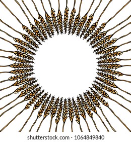 Ripe Wheat Spikelets Circle Card. Round Sun Shape Wreath of Malt with Space for Text. Farm Harvest Template. Realistic Hand Drawn Illustration. Savoyar Doodle Style.