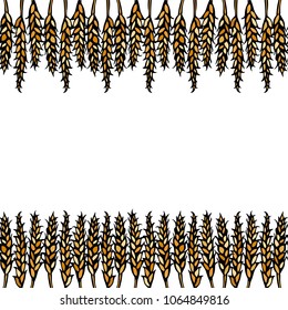 Ripe Wheat Spikelets Endless Brush. Border Ribbon of Malt with Space for Text. Farm Harvest Template. Realistic Hand Drawn Illustration. Savoyar Doodle Style.