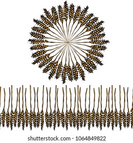 Ripe Wheat Spikelets Endless Brush. Round Wreath of Malt with Space for Text. Farm Harvest Template. Realistic Hand Drawn Illustration. Savoyar Doodle Style.