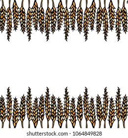 Ripe Wheat Spikelets Endless Brush. Border Ribbon of Malt with Space for Text. Farm Harvest Template. Realistic Hand Drawn Illustration. Savoyar Doodle Style.