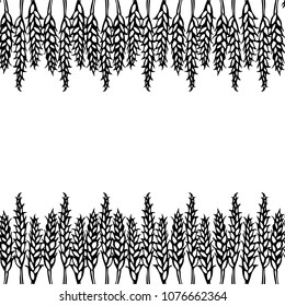 Ripe Wheat Spikelets Endless Brush. Border Ribbon of Malt with Space for Text. Farm Harvest Template. Realistic Hand Drawn Illustration. Savoyar Doodle Style.