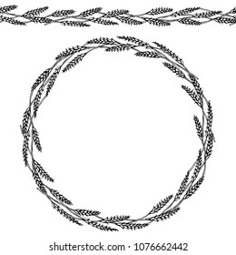 Ripe Wheat Spikelets Endless Brush. Round Wreath of Malt with Space for Text. Farm Harvest Template. Realistic Hand Drawn Illustration. Savoyar Doodle Style.