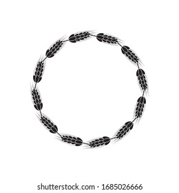 Ripe wheat spikelets endless isolated on the white background. Round wreath of malt with space for text. Farm harvest template. Realistic hand drawn illustration.