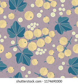Ripe white currant seamless pattern. White currant with leaves and flowers on shabby background. Original simple flat illustration. Shabby style.