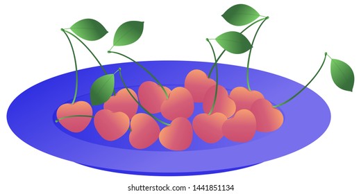 Ripe whole cherry berries with a gradient fill lie on a plate on a white background. Vector.