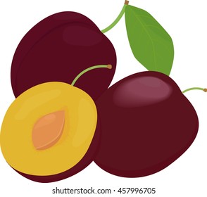 Ripe whole and half plums fruit with leaves isolated on white background.