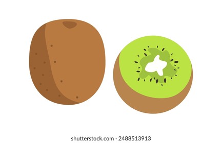 Fruta entera madura del kiwi y fruta de medio kiwi aislada en el fondo blanco. Icono de Vector de color plano de media sección de grosella china para App de alimentos y Sitios web