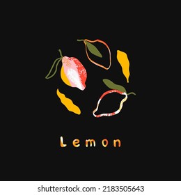 Ripe whole lemon with leaves in abstract style. Tropical vector illustration for local farms, restaurants, menus, t-shirts and more. Background with lettering organic lemon.
