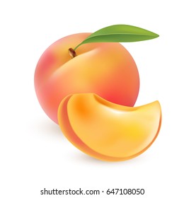 Ripe whole peach fruit with leaf isolated on white background. Realistic vector illustration.