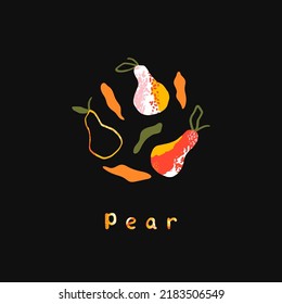 Ripe whole pear with leaves in abstract style. Tropical vector illustration for local farms, restaurants, menus, t-shirts and more. Background with lettering organic pear.