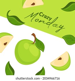 Ripe whole and sliced apples with leaves. Crazy monday in shop or store with products. Farmer market advertisement. Promotional banner or poster, cafe or restaurant discounts. Vector in flat style
