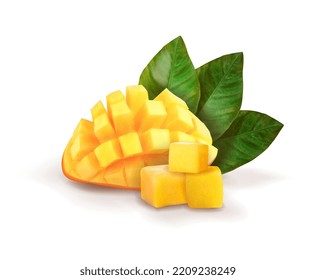 Ripe whole and sliced mangoes. Vector illustration.