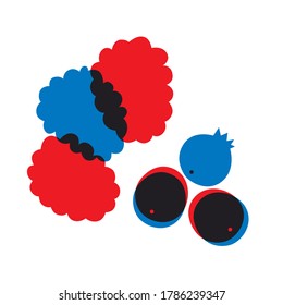 Ripe wild berries for pack design. Vector abstract illustration. Raspberry, blueberry isolated. EPS 10. Forest fruits and berries flat vector icon. Red blue ummer print.