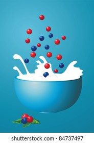Ripe wood berries fall in a bowl with milk