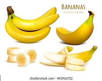 Ripe yellow bananas. Collection of vector illustrations. Fully editable handmade mesh.