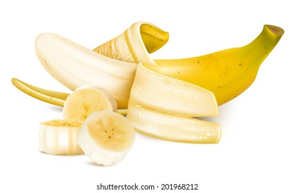 Ripe yellow bananas with slices. Photo-realistic vector. 