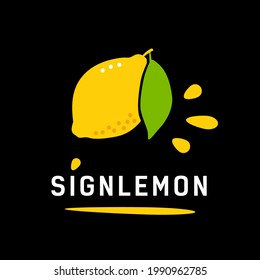 Ripe yellow lemon with leaf. Logo concept for healthy food or juice or lemonade companies. Vector symbol of lemon on black background.