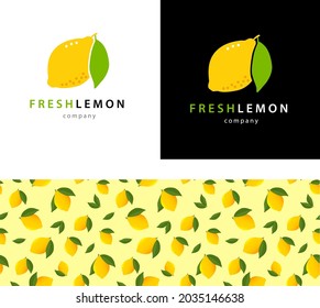 Ripe yellow lemon with leaf. Set Logo concept for healthy food or juice companies on white and black background. Vector pattern  lemon for decoration