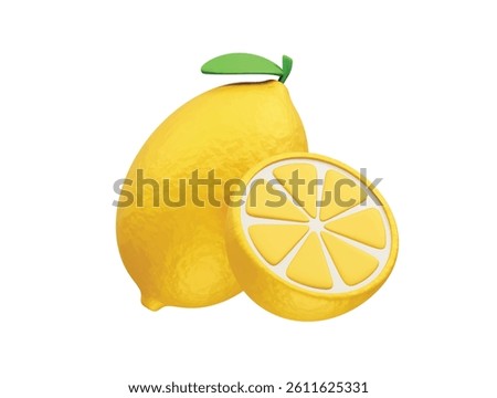  A ripe yellow lemon with a slice icon illustration 3d render