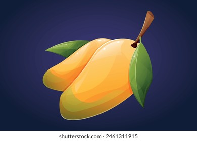 Ripe yellow mango on a branch with a leaf. Vector isolated cartoon tropical fruit illustration.