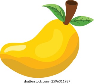 A Ripe Yellow Mango with Two Green Leaves on a White Background