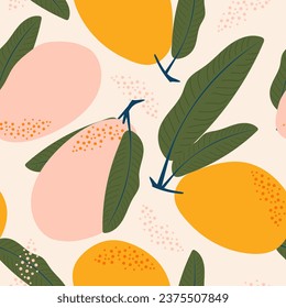 Ripe yellow mangoes. Summer tropical vibe with fruits creates a seamless pattern for modern fabrics and textiles. Vector.