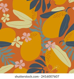 Mangos amarillos maduros. El ambiente tropical veraniego con frutas crea un patrón sin fisuras para telas y textiles modernos. Vector.