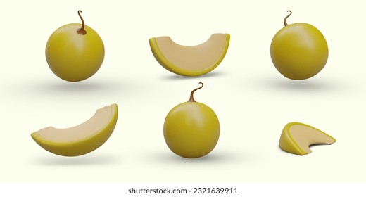 Ripe yellow melon with dry stem. Whole vegetable and chopped sweet slices, cleaned of seeds. Set of isolated 3D images from different angles. Natural vegetarian dessert