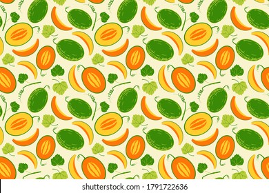 Patrón transparente de melón amarillo. Berry entera con rodajas, flores y semillas. Ilustración dibujada a mano para tela, textil, cubierta, papel pintado, calendario. Fondo de comida vegetariana orgánica. EPS 10
