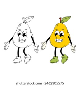 Pera amarilla madura en estilo plano. Carácter de pera. Divertido personaje retro de dibujos animados pera en estilo plano y garabato. Una pera estupenda.