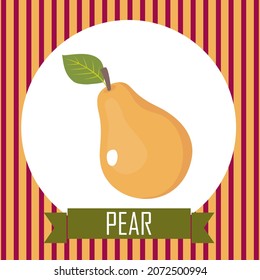 Ripe yellow pear with a leaf in a frame. Vector card.