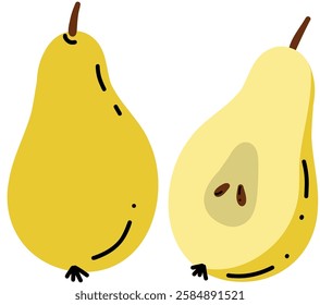 A ripe yellow pear set on a plain white background is a healthy fruit. Doodle sticker