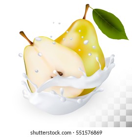 Lágrimas amarillas maduras en una leche salpicadas en un fondo transparente. Vector.