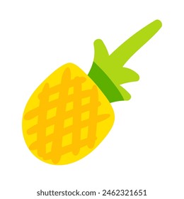 Ripe yellow pineapple drawn by child. Bright childish careless exotic fruit ananas drawing for design of festive spring banner. Flat hand drawn vector element isolated on white background