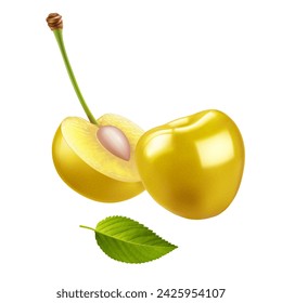 Cerezas dulces de color amarillo maduro con piel lisa, hojas verdes, pulpa jugosa de color amarillo claro y hoyo pequeño