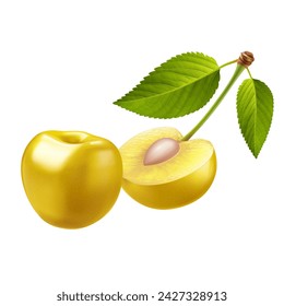 Ripe yellow sweet cherries with smooth skin, green leaves, juicy light yellow flesh, and small pits