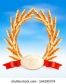 Ripe yellow wheat ears with red ribbons. Vector background