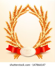 Ripe yellow wheat ears with red ribbons. Vector background 