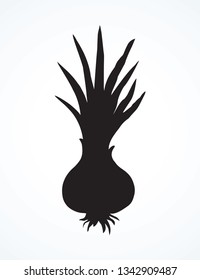 Ripen eco raw fresh common bulb leek fruitful pictogram isolated on white backdrop. Dark black ink hand drawn sign logo sketch in art contour print style. Closeup view with space for text