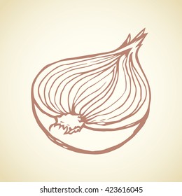 Ripen eco raw fresh common bulb leek fruitful icon isolated on white backdrop. Freehand outline ink hand drawn symbol sign sketchy in art scribble style pen on paper. Closeup view with space for text