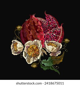 Ripened pomegranate fruit and yellow peonies flowers. Embroidery floral garden style. Fashion template for clothes, t-shirt design