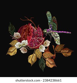 Ripened pomegranate fruits, autumn leaves and colorful dragonflies. Fashion template for clothes, t-shirt design, textile. Fall garden art