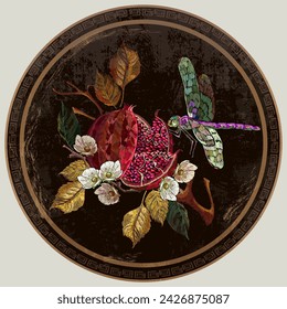 Ripened pomegranate fruits, autumn leaves and colorful dragonflies. Fall garden art. Embroidery template tambour frame with a canvas, elements from stitches