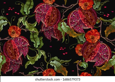 Ripened pomegranate fruits and wild roses flowers. Horizontal seamless pattern. Embroidery. Fashion template for clothes, t-shirt design, textile. Autumn garden art. Botanical background 