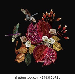 Ripened red pomegranate, dragonflies, autumn leaves and white flowers. Embroidery style. Fall garden art. Fashion template for design, textile