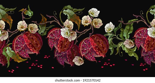 Ripened red pomegranate and white flowers. Horizontal seamless pattern. Fashion template for clothes, t-shirt design, textile. Autumn garden art 