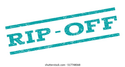 Rip-Off watermark stamp. Text caption between parallel lines with grunge design style. Rubber seal stamp with unclean texture. Vector cyan color ink imprint on a white background.