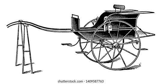 Ripon Cart is a horse drawn village cart with two wheels and a seat in the carriage, vintage line drawing or engraving illustration.